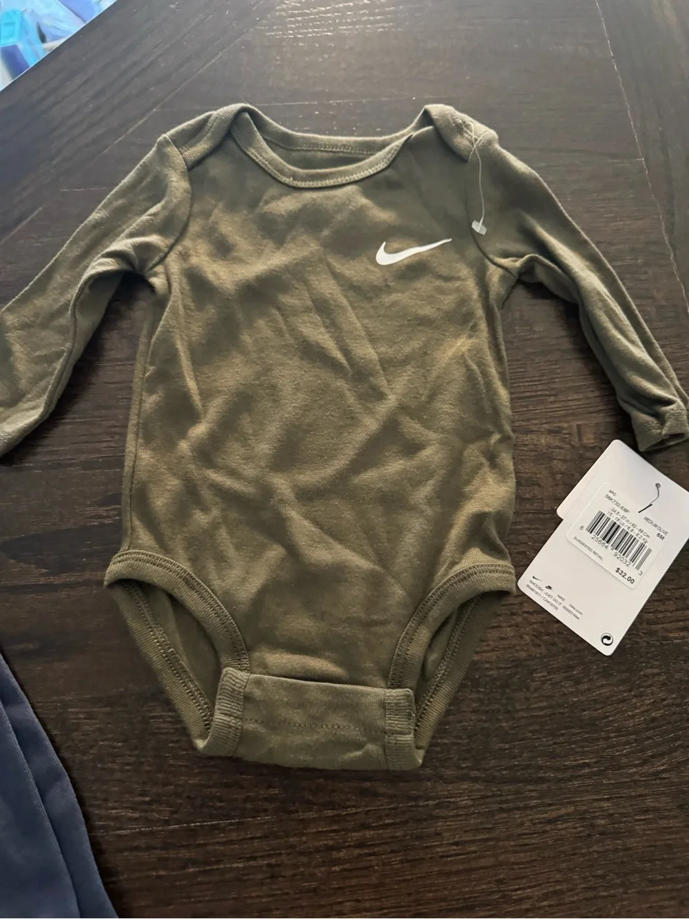 Nike Olive Green Baby Bodysuit with White Swoosh